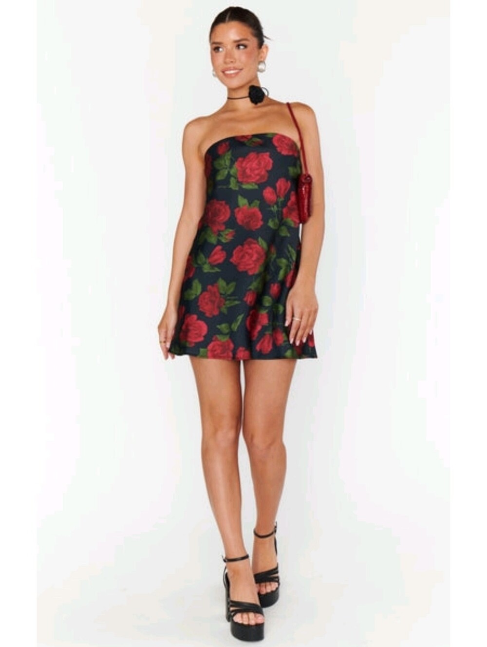 Show Me Your MuMu Taylor Black Strapless Mini Dress with Red Rose Print